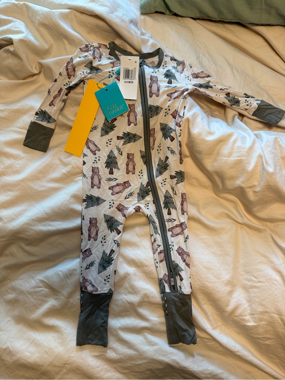 Posh Peanut Bear & Tree Print One-Piece Footie - Olive Trim on Cream, NWT
